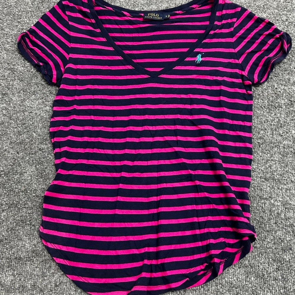 Polo Ralph Lauren T-Shirt Womens Size S Navy Pink Striped V-Neck Pony Logo Peru
